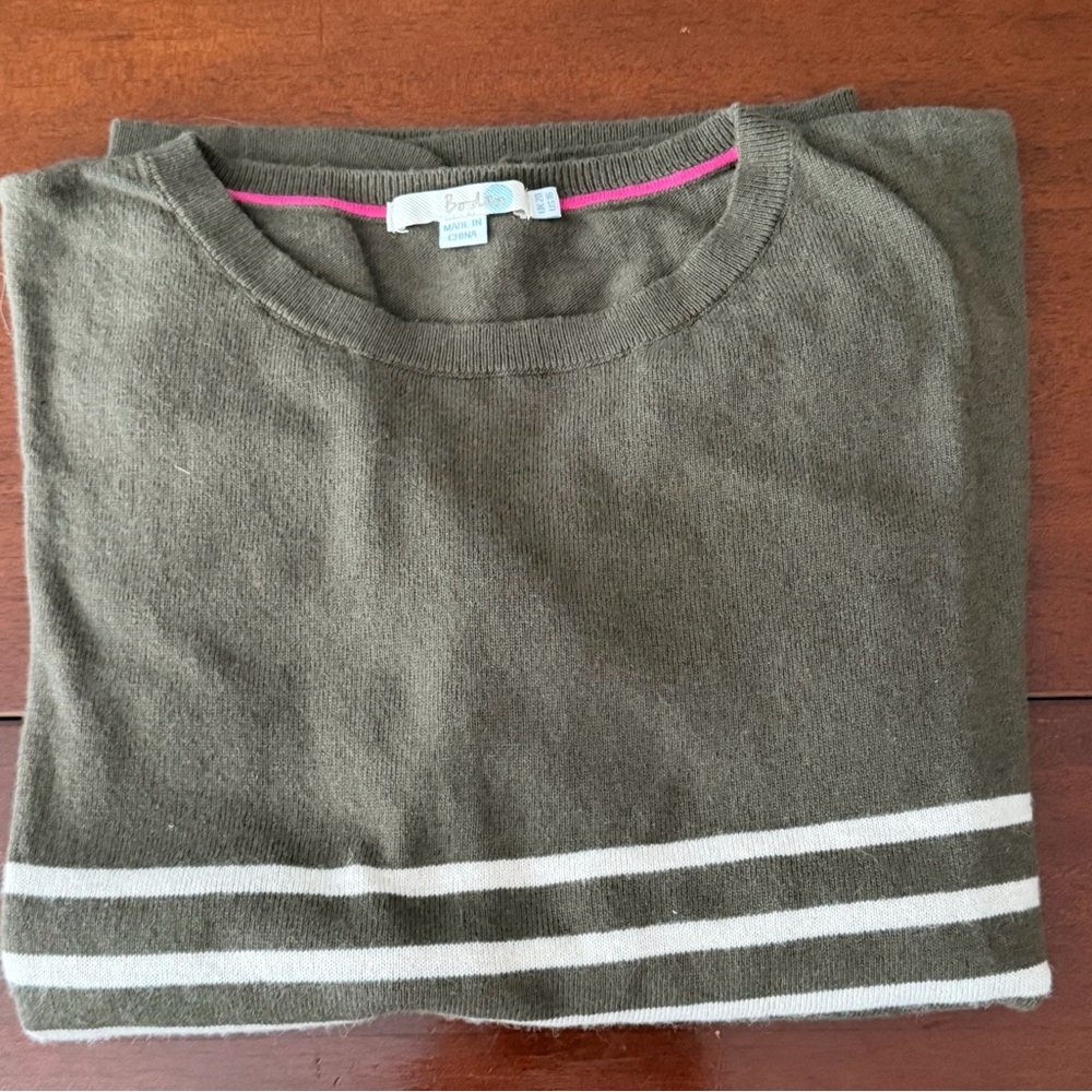 Boden Olive Crewneck Sweater with White Stripes